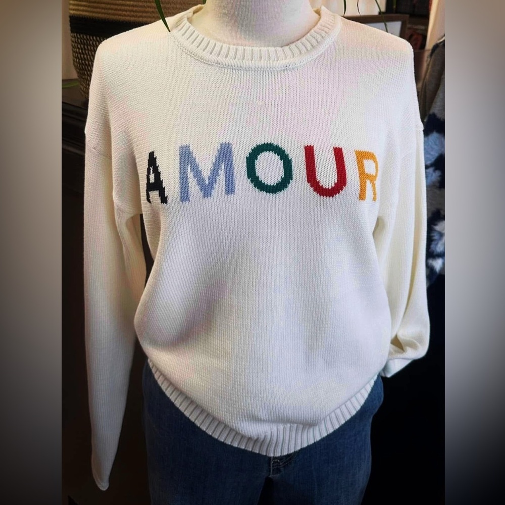 Charlie B L/S Ecru AMOUR Love Lettering Cable Knit Basic Sweater Size XL NEW